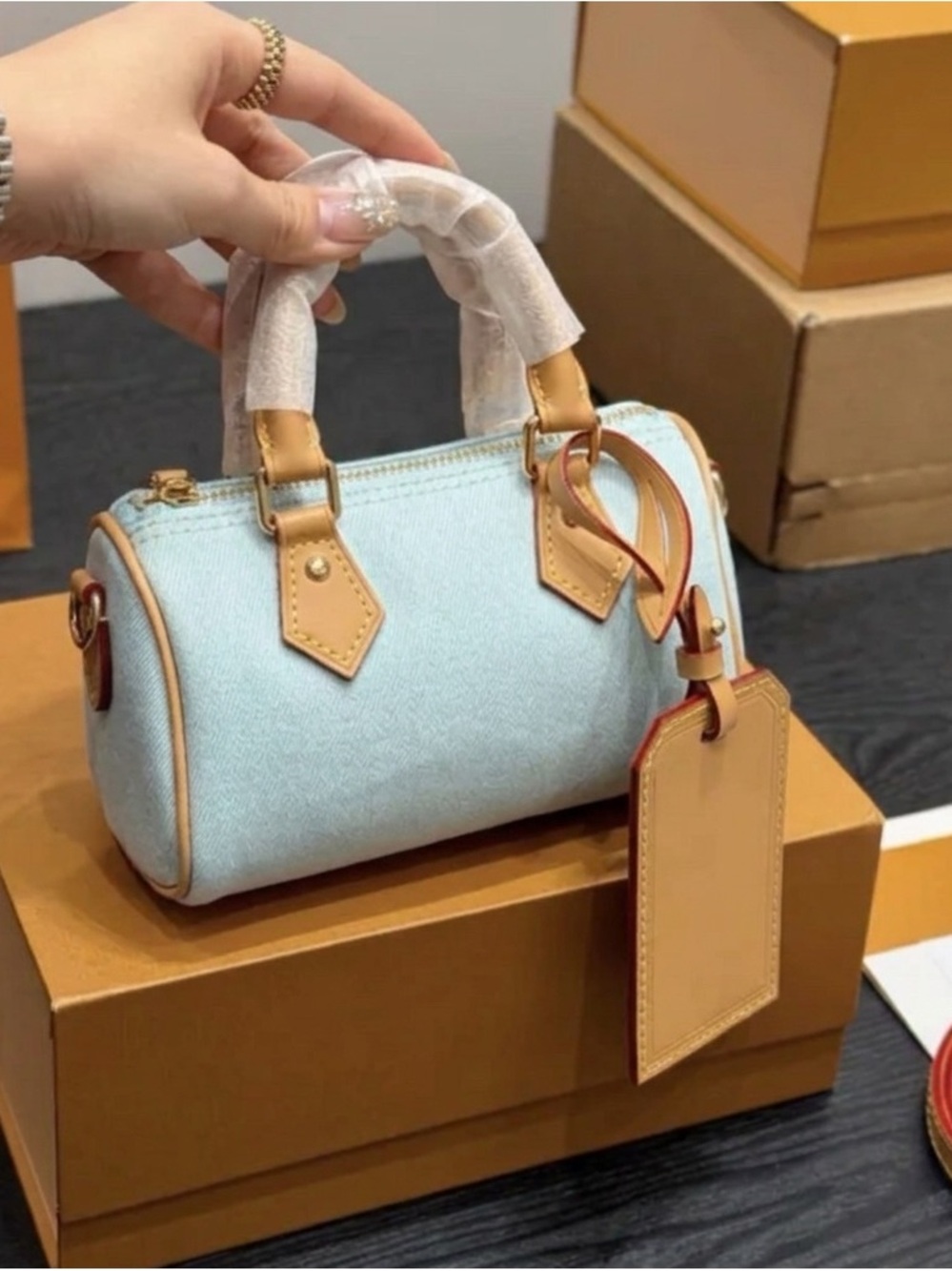 Light Blue Mini (na)no Barrel Handbag with Tan leather Trim crossbody